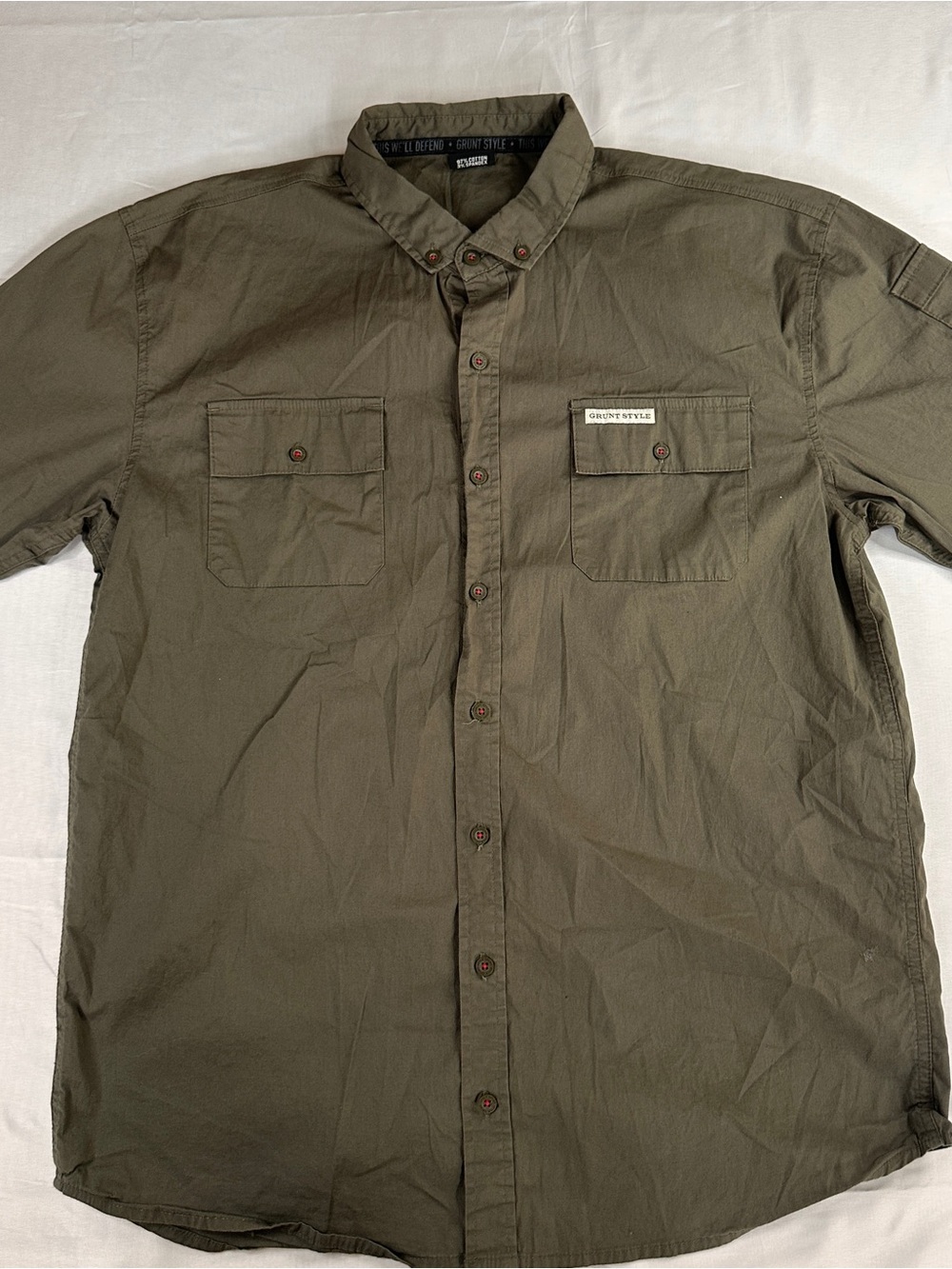 Grunt Style Mens Sz L Olive Green Short Sleeve Button Up American Flag Patch 540